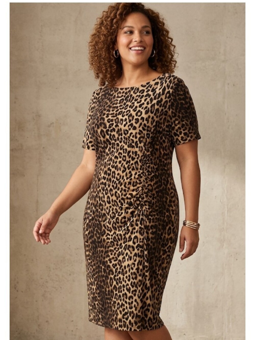 Leopard Print Ruched Midi Dress